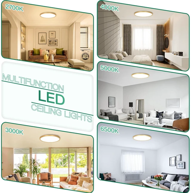 Alt view image 7 of 7 - Brightever 12 Inch LED Flush Mount Ceiling Light Fixture, Dimmable, 3200LM | 24W 2700K/3000K/4000K/5000K/6500K Selectable Round Flat Panel Light, Low Profile Ceiling Lamp for Bedroom, Gold 2Pack