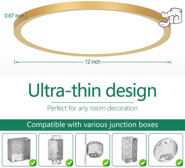Alt view image 6 of 7 - Brightever 12 Inch LED Flush Mount Ceiling Light Fixture, Dimmable, 3200LM | 24W 2700K/3000K/4000K/5000K/6500K Selectable Round Flat Panel Light, Low Profile Ceiling Lamp for Bedroom, Gold 2Pack