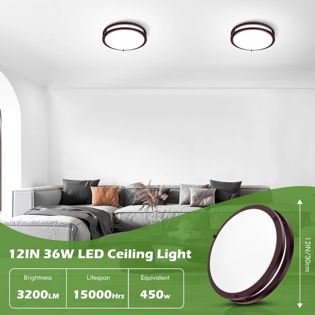 Alt view image 3 of 7 - 2-Pack 36W Dimmable LED Ceiling Lights, 12inch Oil Rubber Bronze Flush Mount Light Fixtures 3600LM 2700K/3000K/4000K/5000K/6500K Adjustable Ceiling Lights, Modern Lighting for Kitchen Hallway Bathroom