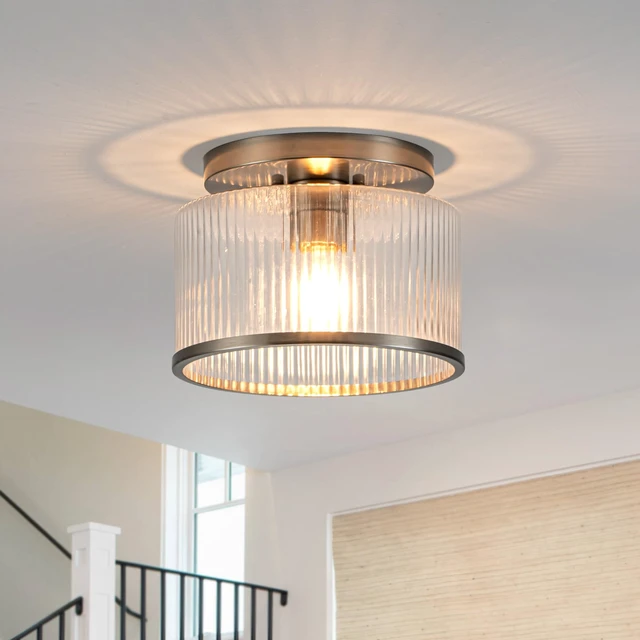 Alt view image 2 of 7 - Zlepmlla Glass Ceiling Light, Clear Ribbed Glass Ceiling Light Fixture with Nickel Metal Frame, Modern Semi Flush Mount Ceiling Light for Hallway,Entryway, Bedroom, Bathroom, Kitchen