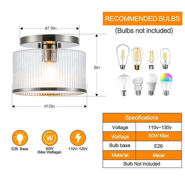 Alt view image 5 of 7 - Zlepmlla Glass Ceiling Light, Clear Ribbed Glass Ceiling Light Fixture with Nickel Metal Frame, Modern Semi Flush Mount Ceiling Light for Hallway,Entryway, Bedroom, Bathroom, Kitchen