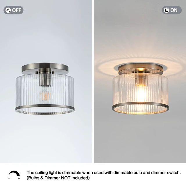 Alt view image 6 of 7 - Zlepmlla Glass Ceiling Light, Clear Ribbed Glass Ceiling Light Fixture with Nickel Metal Frame, Modern Semi Flush Mount Ceiling Light for Hallway,Entryway, Bedroom, Bathroom, Kitchen