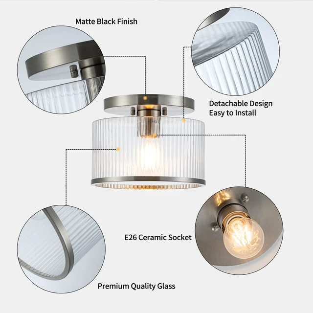 Alt view image 7 of 7 - Zlepmlla Glass Ceiling Light, Clear Ribbed Glass Ceiling Light Fixture with Nickel Metal Frame, Modern Semi Flush Mount Ceiling Light for Hallway,Entryway, Bedroom, Bathroom, Kitchen