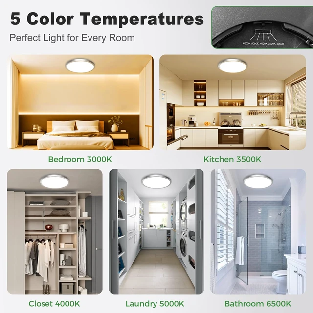 Alt view image 2 of 7 - zemty 1Pack LED Flush Mount Ceiling Light, 12Inch 24W Dimmable Ceiling Lights Fixture, 5 Color Temperatures (3000K-6500K) Brushed Nickel Round Ceiling Lamp for Bedroom, Kitchen, Hallway,Bathroom