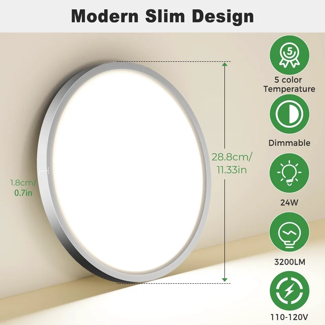 Alt view image 5 of 7 - zemty 1Pack LED Flush Mount Ceiling Light, 12Inch 24W Dimmable Ceiling Lights Fixture, 5 Color Temperatures (3000K-6500K) Brushed Nickel Round Ceiling Lamp for Bedroom, Kitchen, Hallway,Bathroom