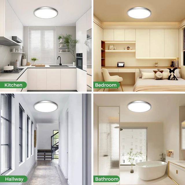 Alt view image 6 of 7 - zemty 1Pack LED Flush Mount Ceiling Light, 12Inch 24W Dimmable Ceiling Lights Fixture, 5 Color Temperatures (3000K-6500K) Brushed Nickel Round Ceiling Lamp for Bedroom, Kitchen, Hallway,Bathroom