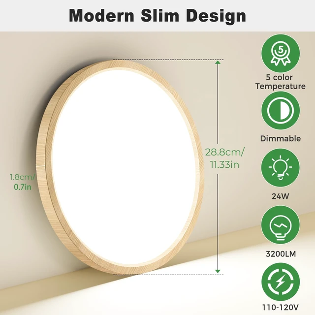 Alt view image 5 of 7 - zemty 1Pack 12 inch Faux Wood LED Flush Mount Ceiling Lights, Dimmable 5 Color Temp (3000K-6500K), 24W 2400LM Bright Round Light Fixture for Livingroom Bedroom Diningroom Kitchen
