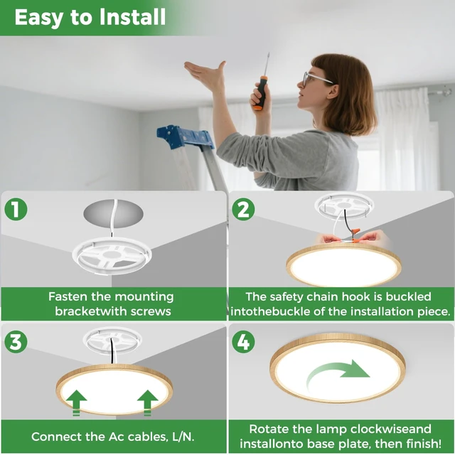 Alt view image 6 of 7 - zemty 1Pack 12 inch Faux Wood LED Flush Mount Ceiling Lights, Dimmable 5 Color Temp (3000K-6500K), 24W 2400LM Bright Round Light Fixture for Livingroom Bedroom Diningroom Kitchen