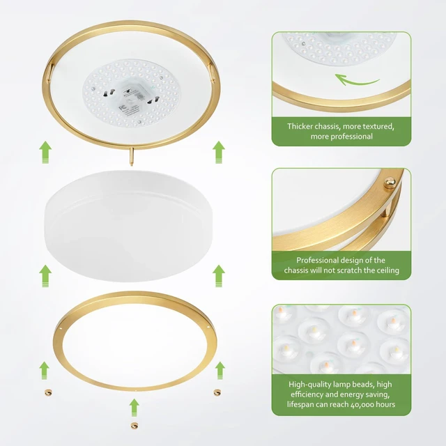 Alt view image 2 of 7 - AKAARI Flush Mount Ceiling Light - 2 Pack 36W 3000K/3500K/4000K/5000K/6000K Dimmable Led Ceiling Light Fixture for Kitchen Hallway Bedroom Bathroom (2, Brushed Gold, 12 Inch)