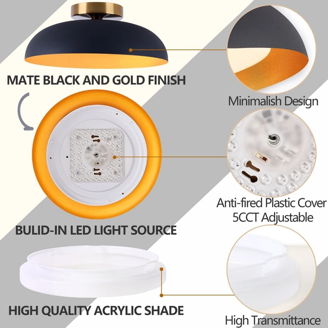 Alt view image 2 of 6 - Bargeni Flush Mount Ceiling Light,Mid Century Black&Gold Fixture,5CCT | 12.5" ETL-listed LED ceiling light with 5CCT dimming, ideal for bedrooms, kitchens, hallways and entryways