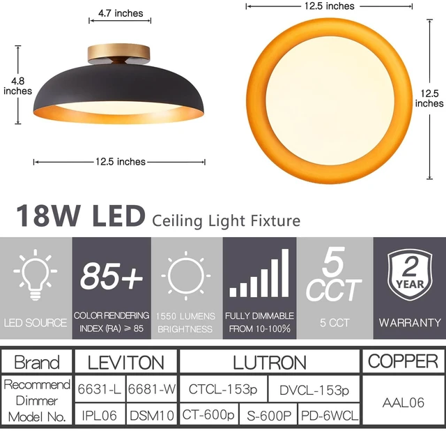 Alt view image 3 of 6 - Bargeni Flush Mount Ceiling Light,Mid Century Black&Gold Fixture,5CCT | 12.5" ETL-listed LED ceiling light with 5CCT dimming, ideal for bedrooms, kitchens, hallways and entryways