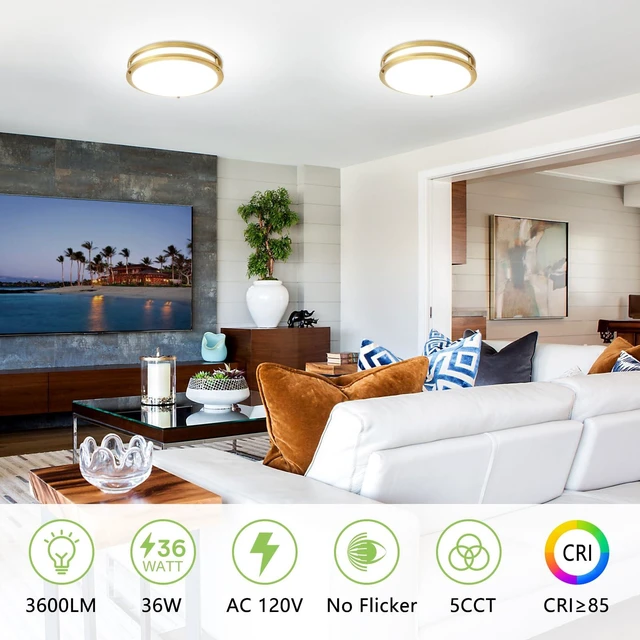 Alt view image 3 of 7 - AKAARI Flush Mount Ceiling Light - 2 Pack 36W 3000K/3500K/4000K/5000K/6000K Dimmable Led Ceiling Light Fixture for Kitchen Hallway Bedroom Bathroom (2, Brushed Gold, 12 Inch)