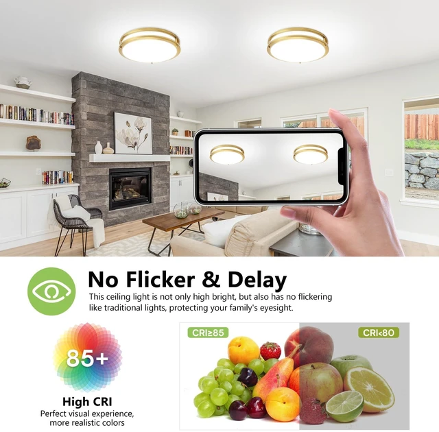Alt view image 4 of 7 - AKAARI Flush Mount Ceiling Light - 2 Pack 36W 3000K/3500K/4000K/5000K/6000K Dimmable Led Ceiling Light Fixture for Kitchen Hallway Bedroom Bathroom (2, Brushed Gold, 12 Inch)