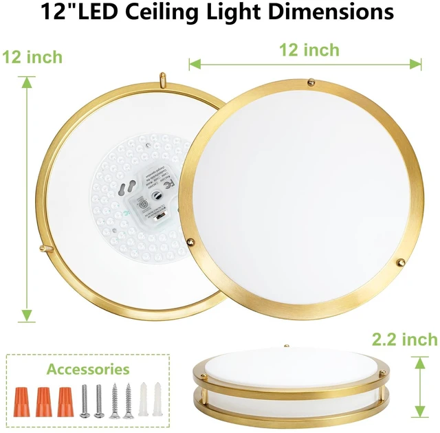 Alt view image 7 of 7 - AKAARI Flush Mount Ceiling Light - 2 Pack 36W 3000K/3500K/4000K/5000K/6000K Dimmable Led Ceiling Light Fixture for Kitchen Hallway Bedroom Bathroom (2, Brushed Gold, 12 Inch)