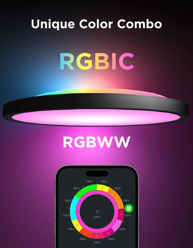 Alt view image 2 of 7 - Govee Smart Ceiling Light, RGBIC 2400LM 2700K-6500K 12 Inch 1 Pack Black | RGBIC LED Flush Ceiling Light Fixture, 2400LM DIY Colors, Works with Matter Alexa for Bedroom, Living Room