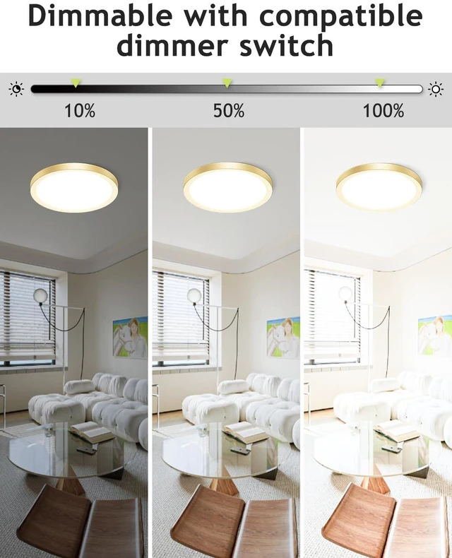 Alt view image 2 of 6 - hepside 2PACK Flush Mount LED Ceiling Light Fixture Golden, 12Inch 28W, Dimmable 3000K-4500K-6000K Ceiling Lamp 3200LM Low Profile Ceiling Light for Kitchen Bedroom Hallway