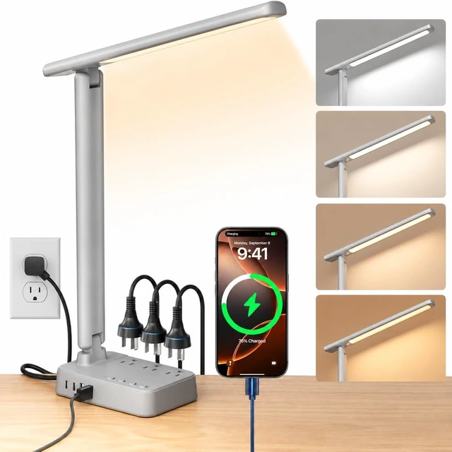 Main image of LED Desk Lamp with Power Strip, 3 AC Outlets, 4 USB Ports, Stepless Dimming | 2800K-6500K Color, 2 USB-C, Foldable Design, Timer & Memory, Study, Home Office & College Dorm