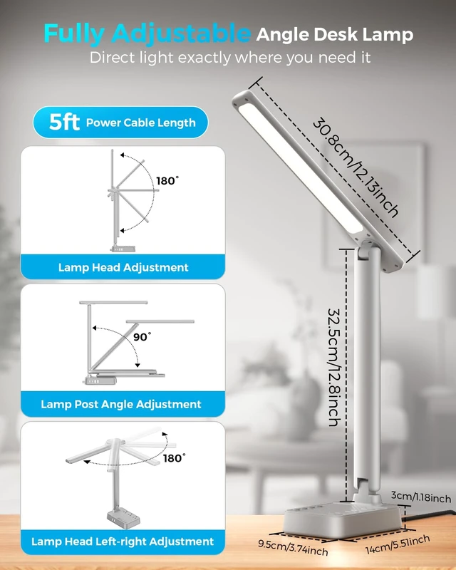 Alt view image 4 of 7 - LED Desk Lamp with Power Strip, 3 AC Outlets, 4 USB Ports, Stepless Dimming | 2800K-6500K Color, 2 USB-C, Foldable Design, Timer & Memory, Study, Home Office & College Dorm