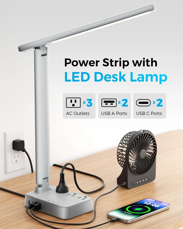 Alt view image 2 of 7 - LED Desk Lamp with Power Strip, 3 AC Outlets, 4 USB Ports, Stepless Dimming | 2800K-6500K Color, 2 USB-C, Foldable Design, Timer & Memory, Study, Home Office & College Dorm