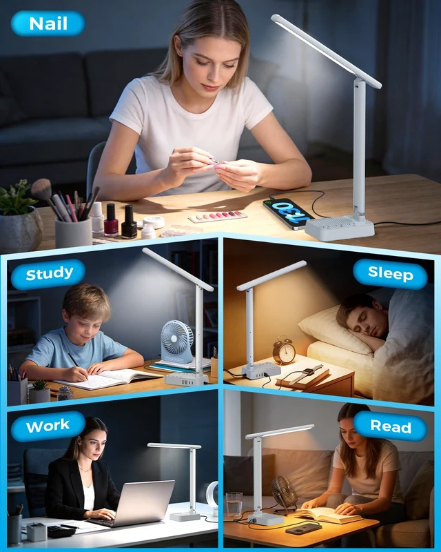 Alt view image 5 of 7 - LED Desk Lamp with Power Strip, 3 AC Outlets, 4 USB Ports, Stepless Dimming | 2800K-6500K Color, 2 USB-C, Foldable Design, Timer & Memory, Study, Home Office & College Dorm