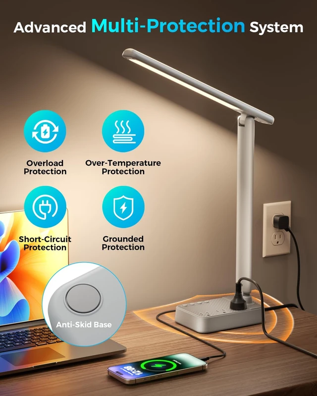 Alt view image 6 of 7 - LED Desk Lamp with Power Strip, 3 AC Outlets, 4 USB Ports, Stepless Dimming | 2800K-6500K Color, 2 USB-C, Foldable Design, Timer & Memory, Study, Home Office & College Dorm