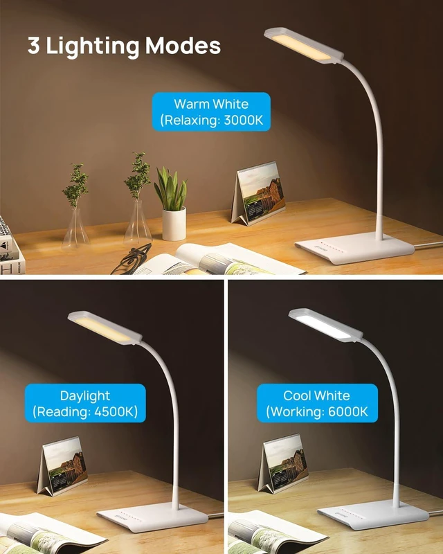 Alt view image 4 of 7 - TROND Desk Lamp, Dimmable Eye-Caring Table Lamp, Memory Function, White | 3 Color Modes 7 Brightness Levels, Flexible Gooseneck, Touch Control, Desk Light for Home Office Dorm Room Essentials