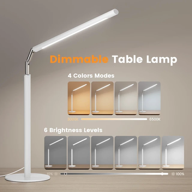 Alt view image 2 of 7 - SIBRILLE White LED Desk Lamp, 16" Dimmable Metal Desk Light with Base, 15W 1200LM, Adapter Included, Color & Brightness Adjustable, Modern Tall Table Lamp for Home Office Reading Study Task Laptop
