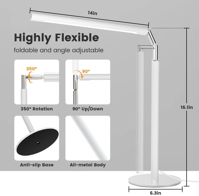 Alt view image 3 of 7 - SIBRILLE White LED Desk Lamp, 16" Dimmable Metal Desk Light with Base, 15W 1200LM, Adapter Included, Color & Brightness Adjustable, Modern Tall Table Lamp for Home Office Reading Study Task Laptop