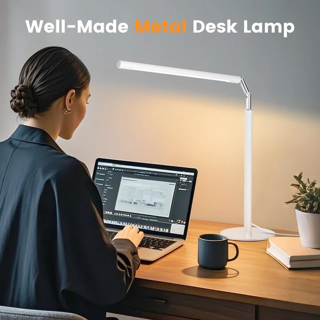 Alt view image 6 of 7 - SIBRILLE White LED Desk Lamp, 16" Dimmable Metal Desk Light with Base, 15W 1200LM, Adapter Included, Color & Brightness Adjustable, Modern Tall Table Lamp for Home Office Reading Study Task Laptop