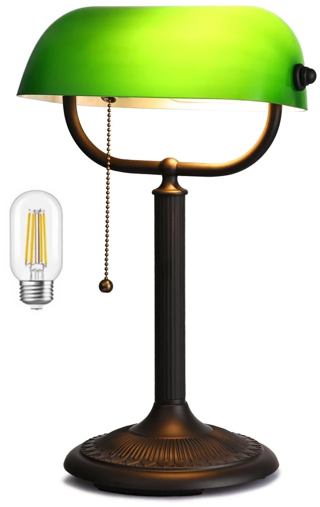Main image of Newrays 1-Minute Quick-Change Shade Antique Green Glass Bankers Desk Lamp | Study Office Library,LED Bulb Included