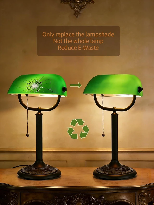 Alt view image 3 of 7 - Newrays 1-Minute Quick-Change Shade Antique Green Glass Bankers Desk Lamp | Study Office Library,LED Bulb Included