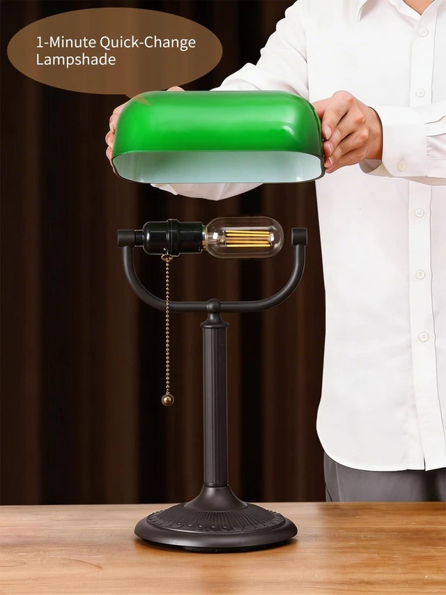 Alt view image 2 of 7 - Newrays 1-Minute Quick-Change Shade Antique Green Glass Bankers Desk Lamp | Study Office Library,LED Bulb Included