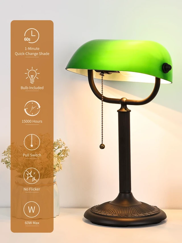 Alt view image 4 of 7 - Newrays 1-Minute Quick-Change Shade Antique Green Glass Bankers Desk Lamp | Study Office Library,LED Bulb Included