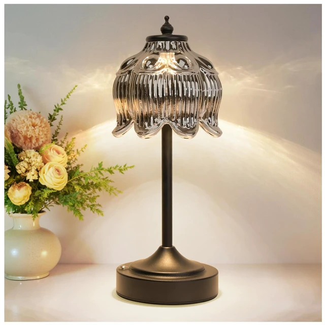 Main image of Crkwos Cordless Table Lamp, Rechargeable Black Glass Lotus Flower Lamp | 5200mAh touch lamp with 3 color modes and stepless dimming, battery operated lamp for nightstands and kitchen counters