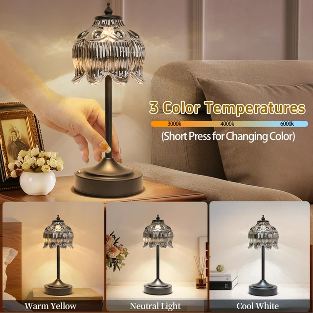 Alt view image 3 of 7 - Crkwos Cordless Table Lamp, Rechargeable Black Glass Lotus Flower Lamp | 5200mAh touch lamp with 3 color modes and stepless dimming, battery operated lamp for nightstands and kitchen counters