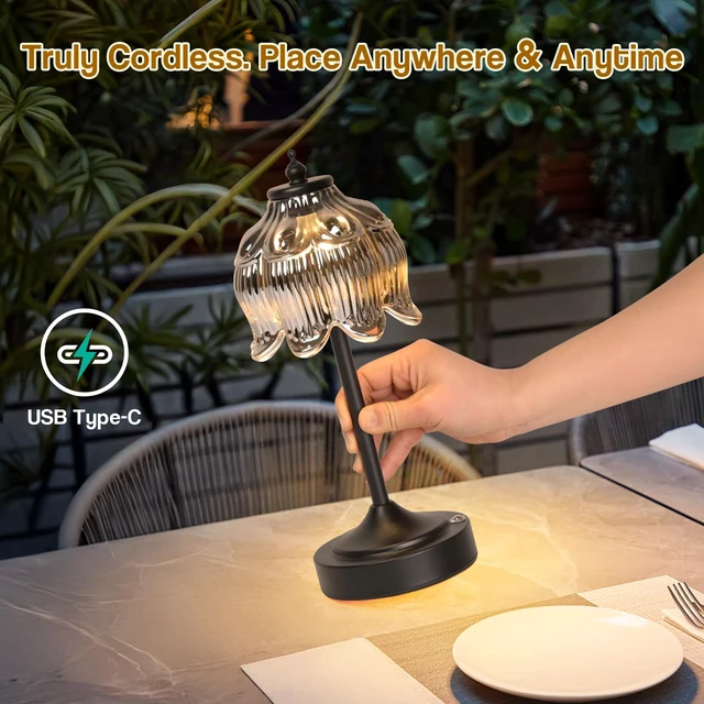 Alt view image 2 of 7 - Crkwos Cordless Table Lamp, Rechargeable Black Glass Lotus Flower Lamp | 5200mAh touch lamp with 3 color modes and stepless dimming, battery operated lamp for nightstands and kitchen counters