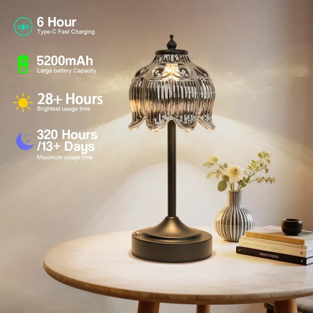 Alt view image 4 of 7 - Crkwos Cordless Table Lamp, Rechargeable Black Glass Lotus Flower Lamp | 5200mAh touch lamp with 3 color modes and stepless dimming, battery operated lamp for nightstands and kitchen counters