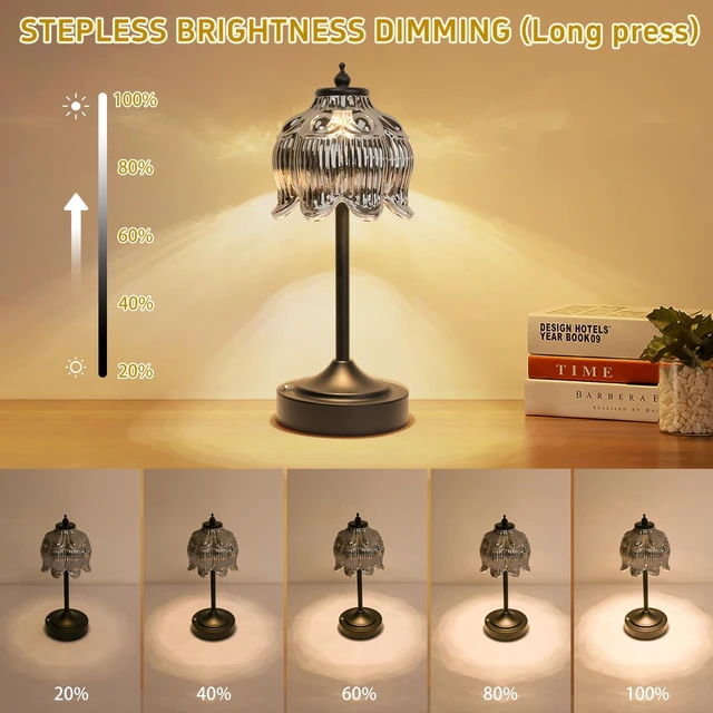 Alt view image 5 of 7 - Crkwos Cordless Table Lamp, Rechargeable Black Glass Lotus Flower Lamp | 5200mAh touch lamp with 3 color modes and stepless dimming, battery operated lamp for nightstands and kitchen counters