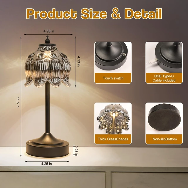 Alt view image 7 of 7 - Crkwos Cordless Table Lamp, Rechargeable Black Glass Lotus Flower Lamp | 5200mAh touch lamp with 3 color modes and stepless dimming, battery operated lamp for nightstands and kitchen counters