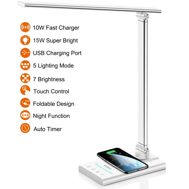 Alt view image 3 of 7 - AFROG 5th Gen Multifunctional LED Desk Lamp with 10W Fast Wireless Charger, USB Charging Port,1800Lux Super Bright,5 Lighting Mode,7 Brightness, Touch Control, Auto Timer, 15W Office Table Lamp
