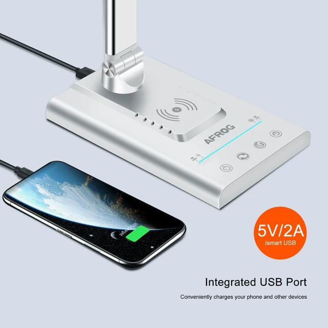 Alt view image 6 of 7 - AFROG 5th Gen Multifunctional LED Desk Lamp with 10W Fast Wireless Charger, USB Charging Port,1800Lux Super Bright,5 Lighting Mode,7 Brightness, Touch Control, Auto Timer, 15W Office Table Lamp