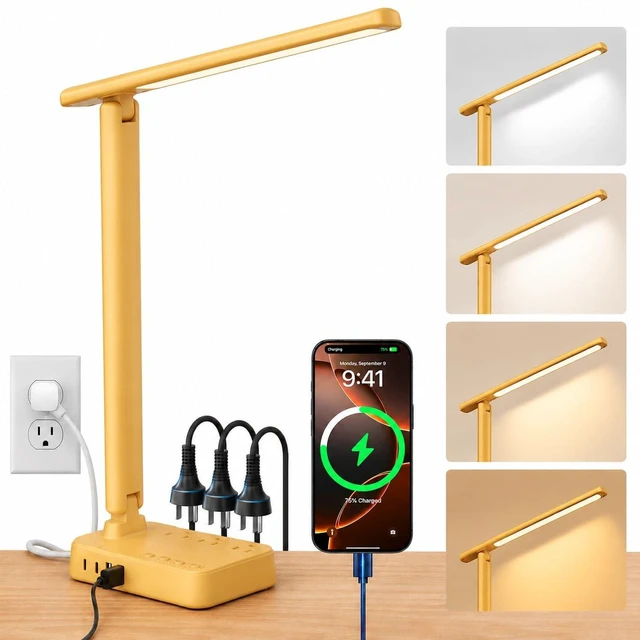 Main image of LED Desk Lamp with Power Strip, 3 AC Outlets, 4 USB Ports, Stepless Dimming | 2800K-6500K Color, 2 USB-C, Foldable Design, Timer & Memory, Study, Home Office & College Dorm