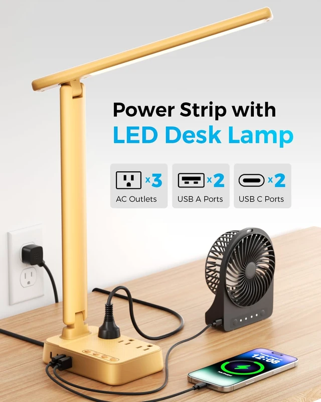 Alt view image 2 of 7 - LED Desk Lamp with Power Strip, 3 AC Outlets, 4 USB Ports, Stepless Dimming | 2800K-6500K Color, 2 USB-C, Foldable Design, Timer & Memory, Study, Home Office & College Dorm