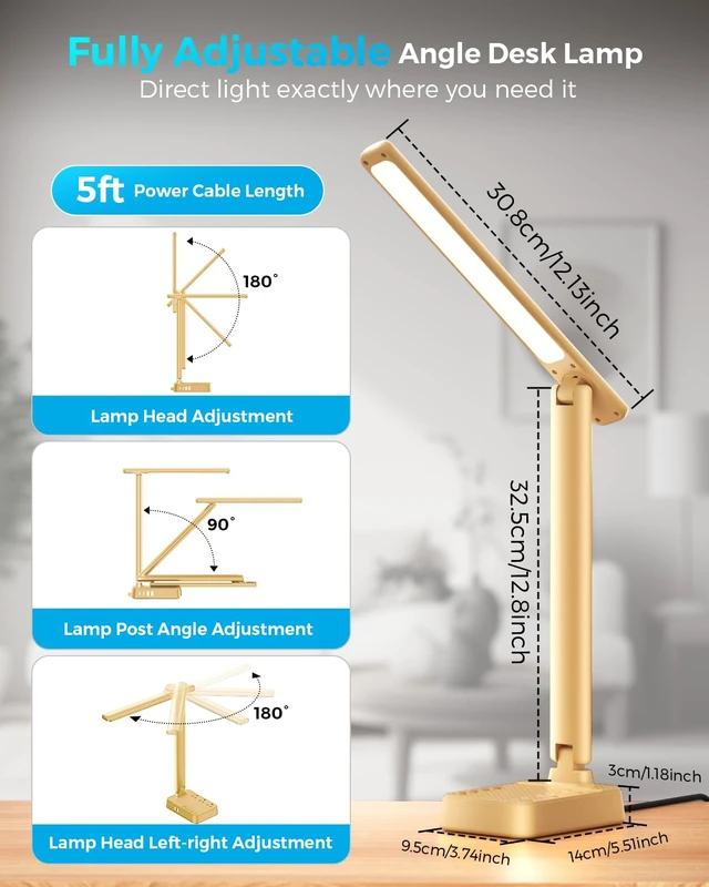 Alt view image 4 of 7 - LED Desk Lamp with Power Strip, 3 AC Outlets, 4 USB Ports, Stepless Dimming | 2800K-6500K Color, 2 USB-C, Foldable Design, Timer & Memory, Study, Home Office & College Dorm