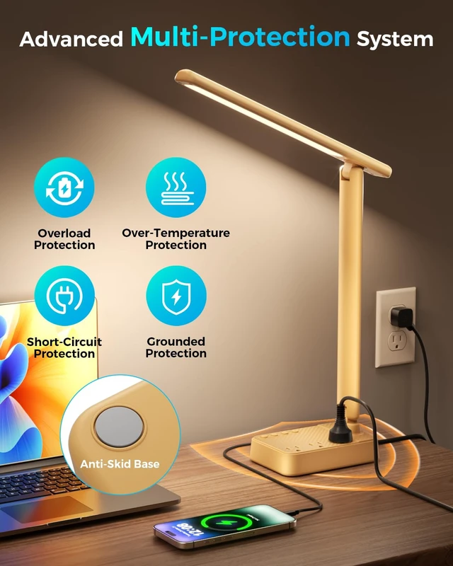 Alt view image 6 of 7 - LED Desk Lamp with Power Strip, 3 AC Outlets, 4 USB Ports, Stepless Dimming | 2800K-6500K Color, 2 USB-C, Foldable Design, Timer & Memory, Study, Home Office & College Dorm