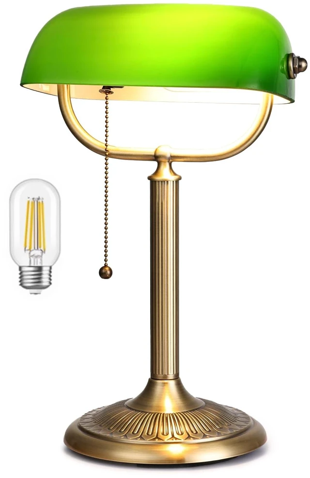 Main image of Newrays 1-Minute Quick-Change Shade Classic Green Glass Bankers Desk Lamp | Study Office Library, LED Bulb Included