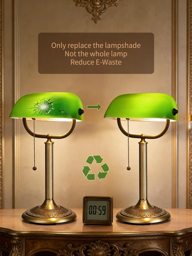 Alt view image 3 of 7 - Newrays 1-Minute Quick-Change Shade Classic Green Glass Bankers Desk Lamp | Study Office Library, LED Bulb Included