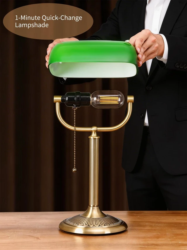 Alt view image 2 of 7 - Newrays 1-Minute Quick-Change Shade Classic Green Glass Bankers Desk Lamp | Study Office Library, LED Bulb Included