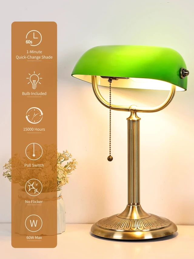 Alt view image 4 of 7 - Newrays 1-Minute Quick-Change Shade Classic Green Glass Bankers Desk Lamp | Study Office Library, LED Bulb Included