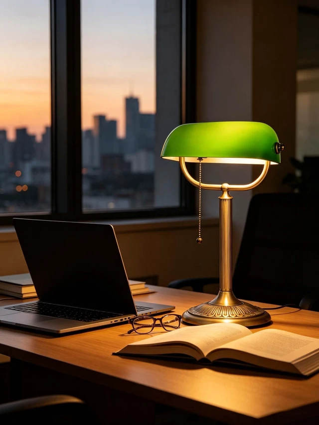 Alt view image 7 of 7 - Newrays 1-Minute Quick-Change Shade Classic Green Glass Bankers Desk Lamp | Study Office Library, LED Bulb Included